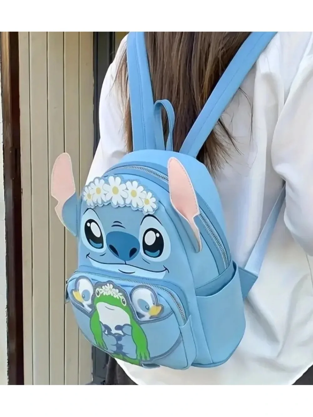❌SOLD❌Love Stitch Blue Kids Backpack with Green Frog and Pink Ear Accents